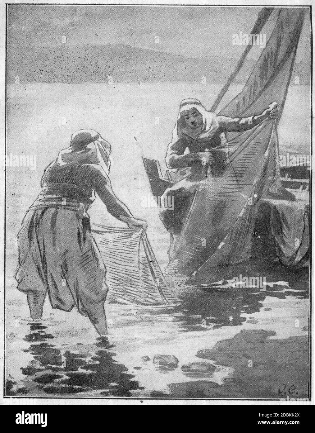 Demi-ton de deux pêcheurs lavant leurs filets au Mer de Galilée dans l'ancien Israël Banque D'Images