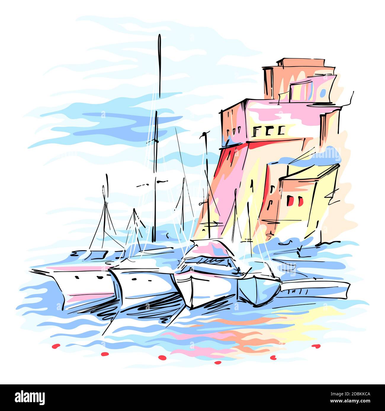 Croquis vectoriel de la jetée avec des bateaux de pêche et forteresse médiévale à Cala Marina, port de Castellammare del Golfo, Sicile, Italie. Banque D'Images