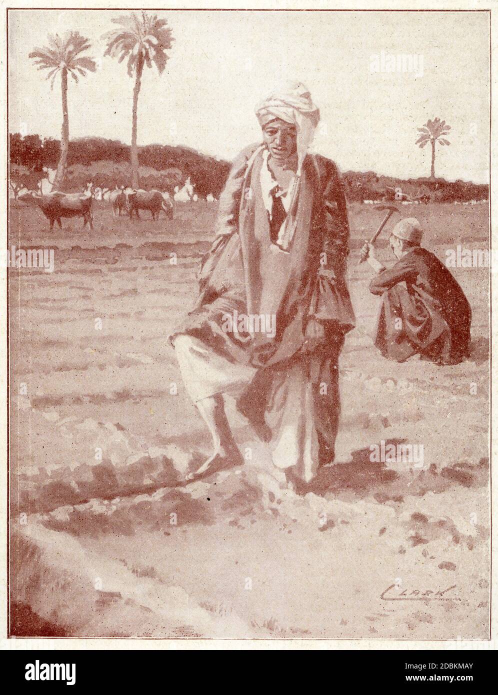 Demi-ton d'une personne 'arroser avec le pied' à Gizeh, en Egypte, en utilisant leurs pieds pour ouvrir les canaux d'irrigation, comme dans Deuternomy 11:10. Banque D'Images