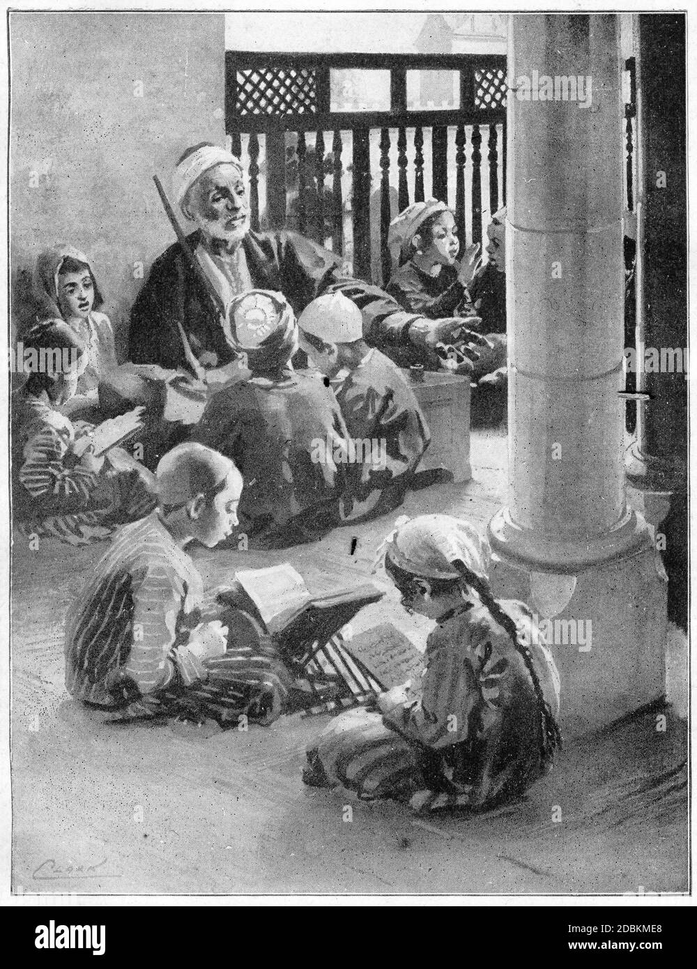 Demi-teinte d'enfants juifs fréquentant une école de synagogue dans l'ancien Israël Banque D'Images