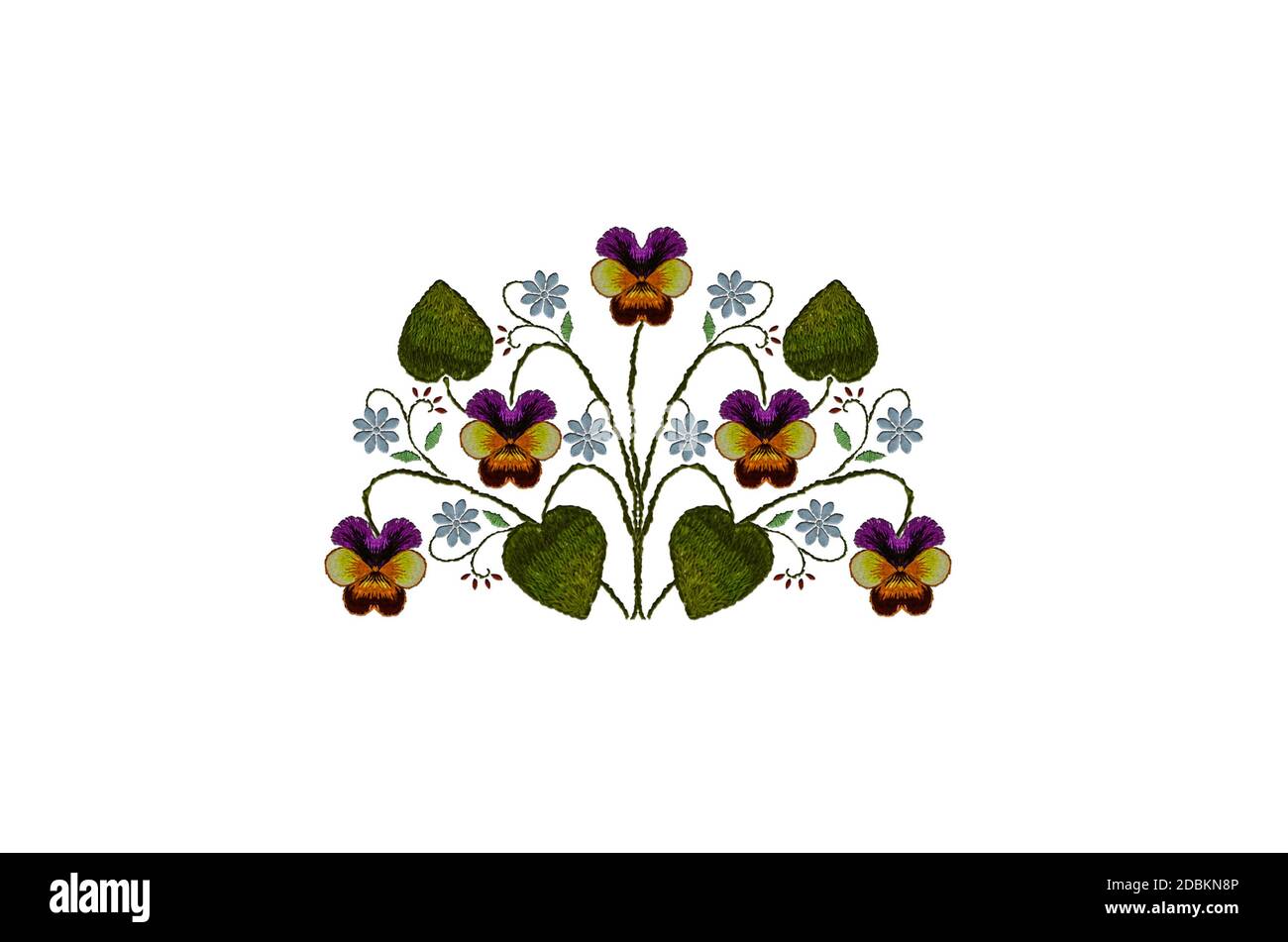 Motif pour la broderie d'un délicat bouquet de brindilles avec des pansies de pétales violet-orange, de fleurs bleues et de feuilles sur fond blanc Banque D'Images