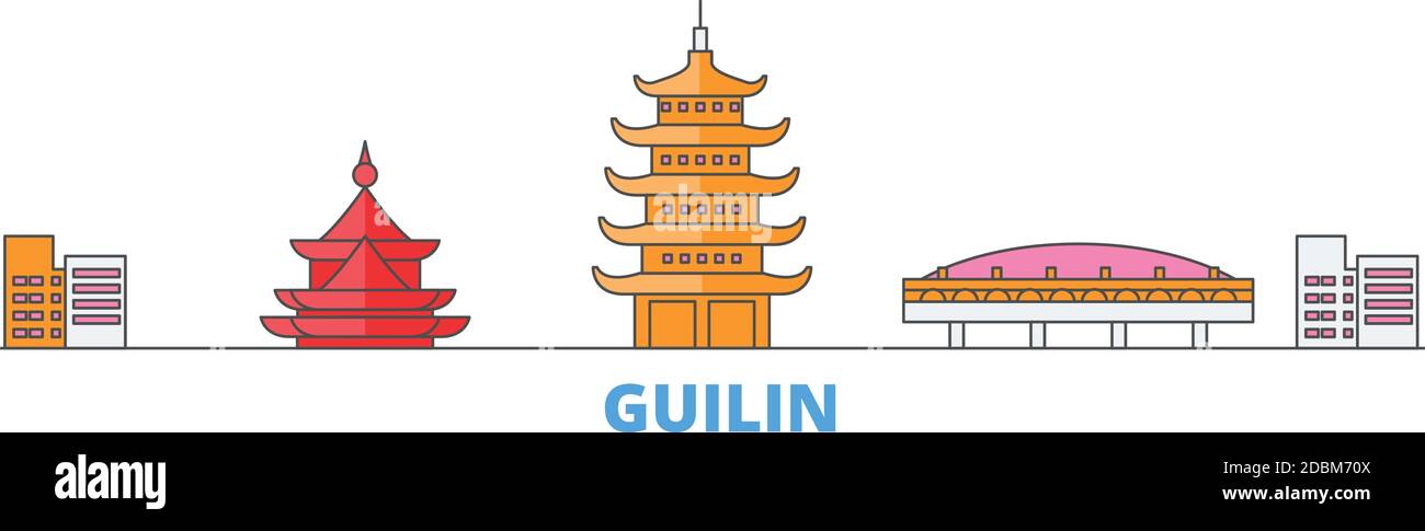 Chine, ligne de Guilin paysage urbain, vecteur plat. Monument de la ville de voyage, illustration d'oultine, icônes du monde de ligne Illustration de Vecteur