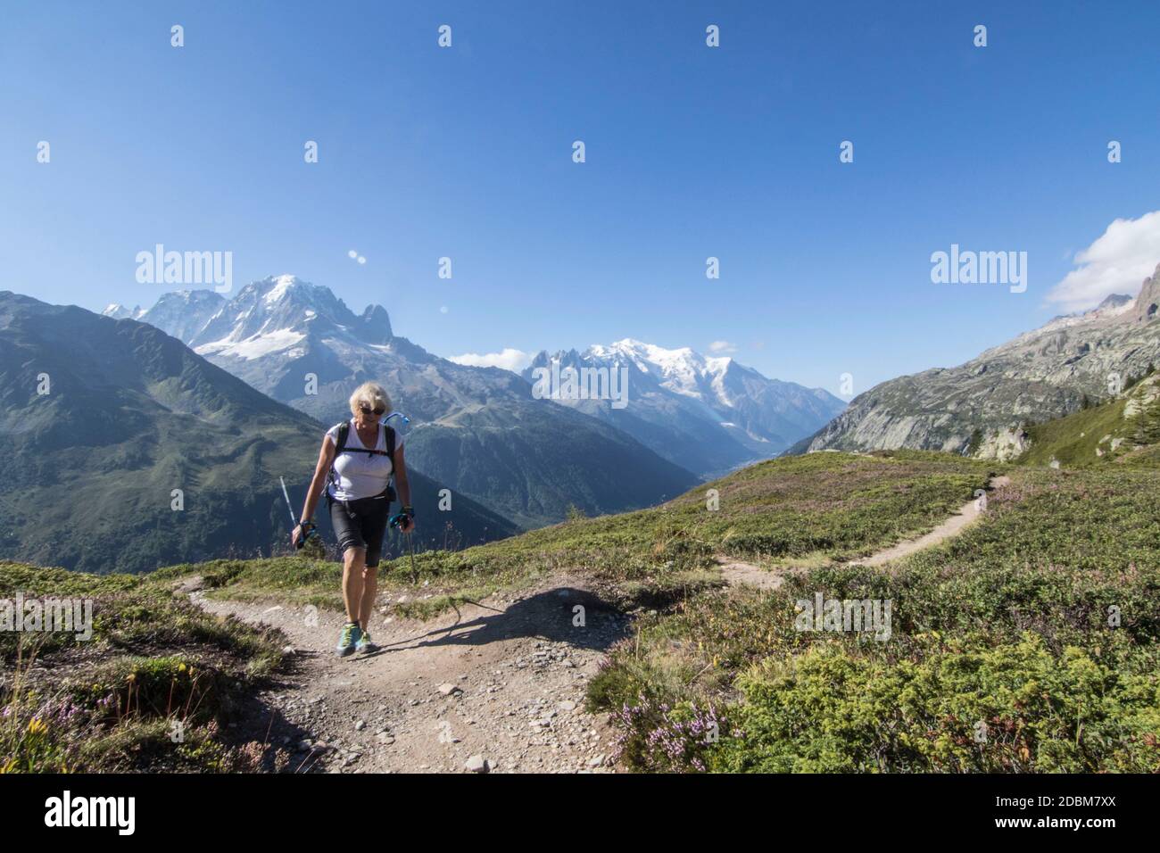 Femme senior randonnée le long de la haute route traverse, massif du Mont blanc, France Banque D'Images