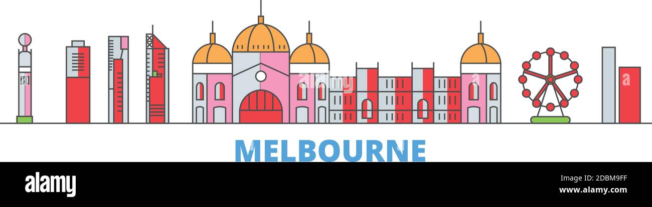 Australie, ville de Melbourne, paysage urbain, vecteur plat. Monument de la ville de voyage, illustration d'oultine, icônes du monde de ligne Illustration de Vecteur