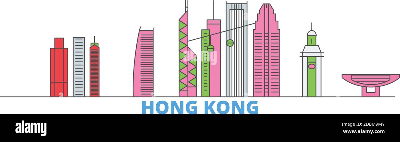 Chine, ligne de Hong Kong paysage urbain, vecteur plat. Monument de la ville de voyage, illustration d'oultine, icônes du monde de ligne Illustration de Vecteur