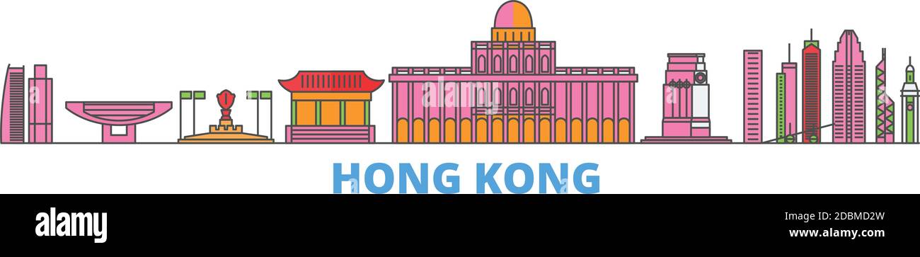 Chine, ville de Hong Kong, paysage urbain, vecteur plat. Monument de la ville de voyage, illustration d'oultine, icônes du monde de ligne Illustration de Vecteur