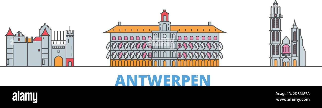 Belgique, Antwerpen line Cityscape, vecteur plat. Monument de la ville de voyage, illustration d'oultine, icônes du monde de ligne Illustration de Vecteur