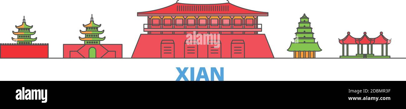 Chine, ligne Xian paysage urbain, vecteur plat. Monument de la ville de voyage, illustration d'oultine, icônes du monde de ligne Illustration de Vecteur