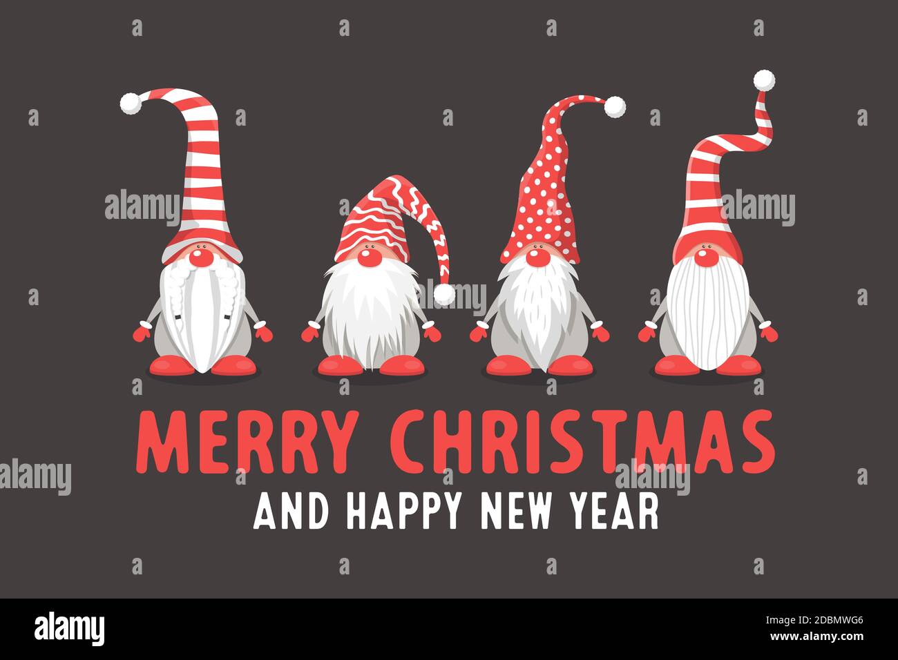 Carte Postale Joyeux Noel Quatre Gnomes De Noel Mignons Vectoriels Avec Capuchons Rouges De Style Plat Sur Fond Sombre Modele De Design Pour Noel Image Vectorielle Stock Alamy