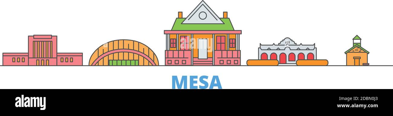 États-Unis, Mesa Line Cityscape, vecteur plat. Monument de la ville de voyage, illustration d'oultine, icônes du monde de ligne Illustration de Vecteur