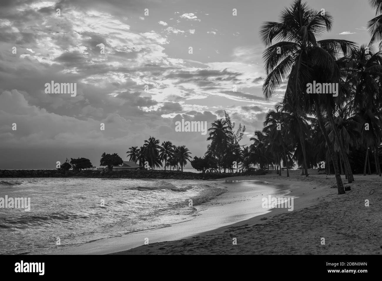 Coucher du soleil sur le paradis tropical beach, le Gosier en Guadeloupe, l'île des Caraïbes. La photographie en noir et blanc. Banque D'Images