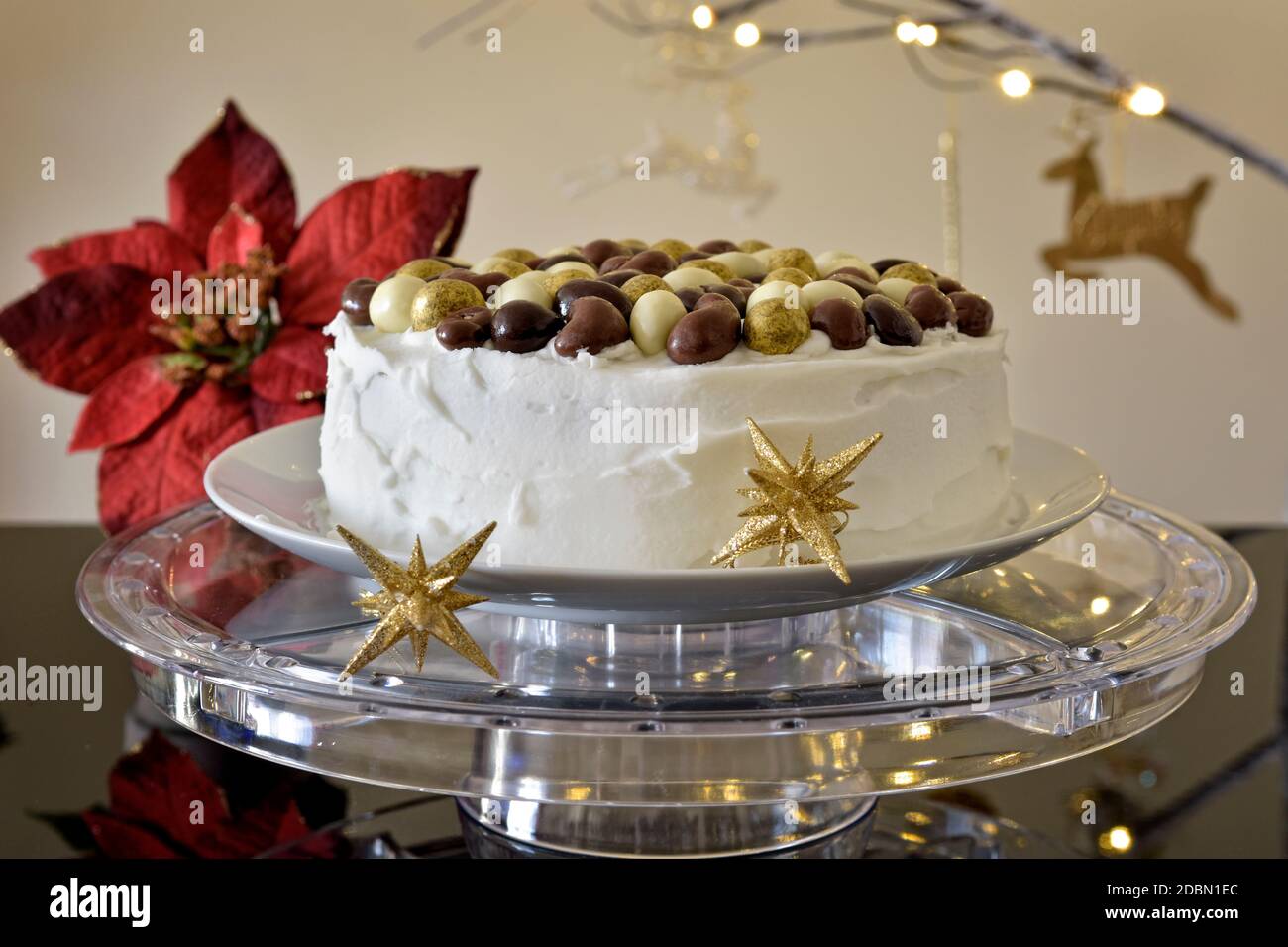Gâteau de Noël glacé avec noix de chocolat sur un Support transparent avec un sapin de Noël à branches illuminées dans le arrière-plan Banque D'Images