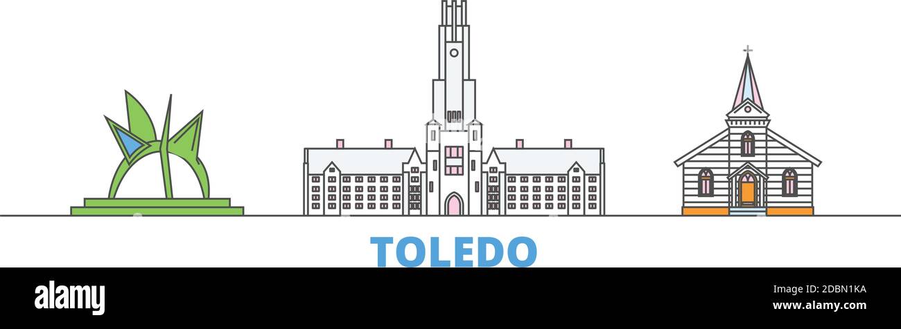 Etats-Unis, Toledo ligne paysage urbain, vecteur plat. Monument de la ville de voyage, illustration d'oultine, icônes du monde de ligne Illustration de Vecteur