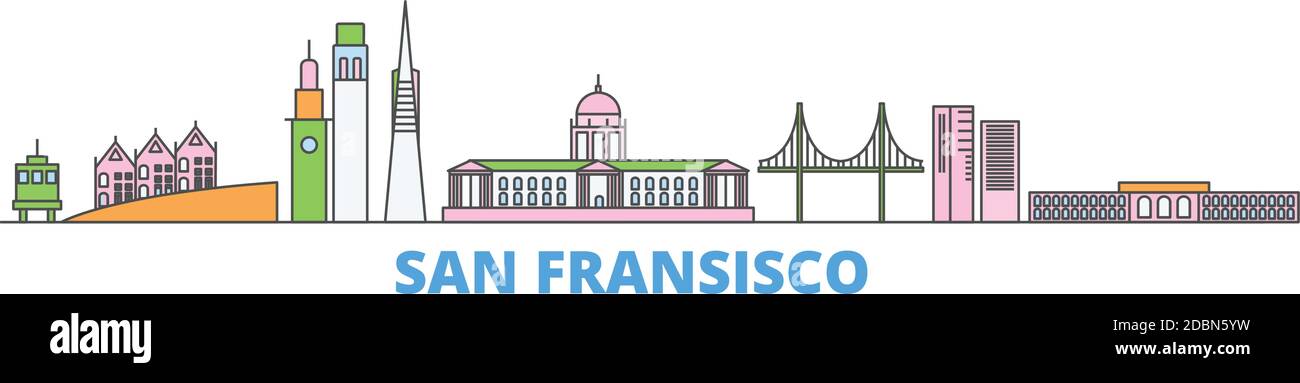 Etats-Unis, San Francisco ligne paysage urbain, vecteur plat. Monument de la ville de voyage, illustration d'oultine, icônes du monde de ligne Illustration de Vecteur