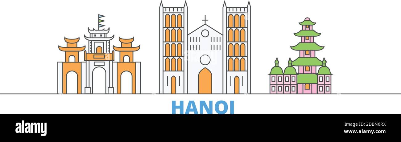 Vietnam, Hanoi ligne paysage urbain, vecteur plat. Monument de la ville de voyage, illustration d'oultine, icônes du monde de ligne Illustration de Vecteur