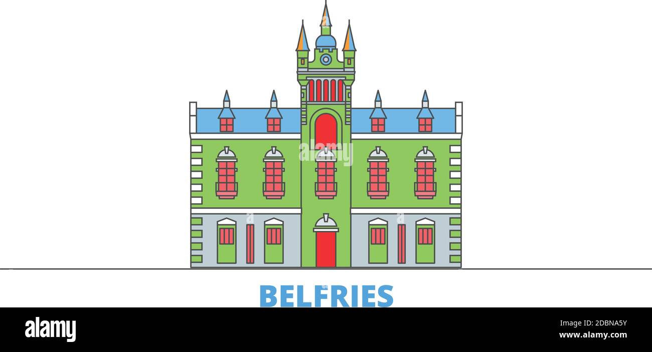 France, Belfries Landmark Line paysage urbain, vecteur plat. Monument de la ville de voyage, illustration d'oultine, icônes du monde de ligne Illustration de Vecteur