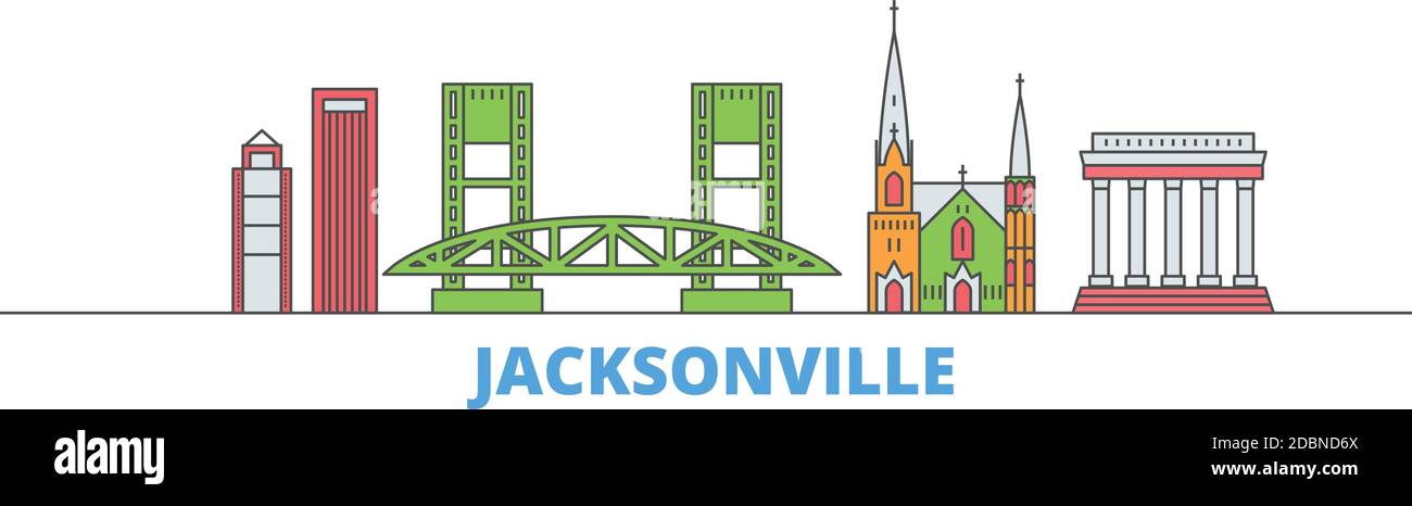 États-Unis, ligne de Jacksonville paysage urbain, vecteur plat. Monument de la ville de voyage, illustration d'oultine, icônes du monde de ligne Illustration de Vecteur