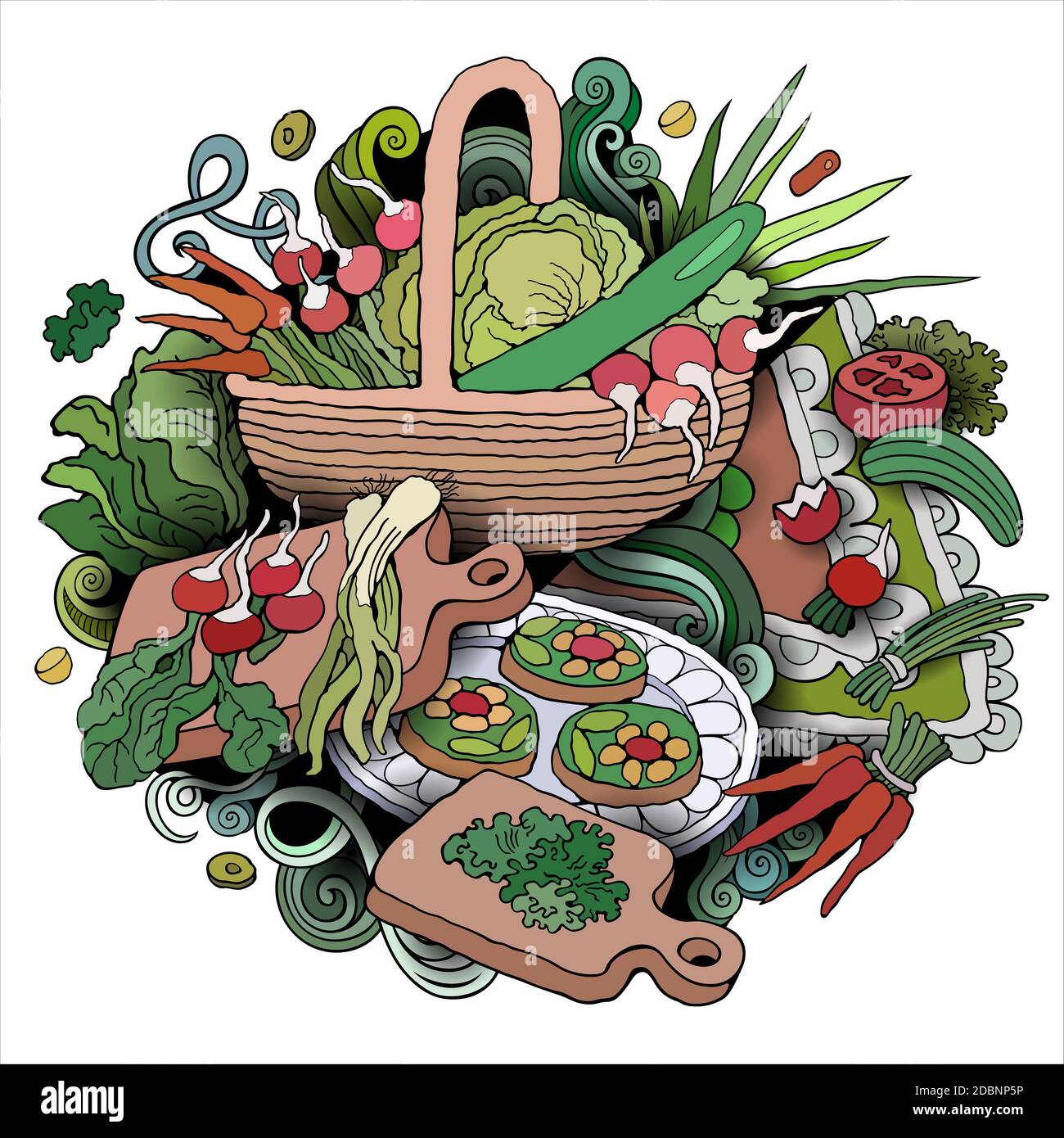 Illustration de gribouillages vectoriels dessinés à la main. Éléments et objets de légumes fond de dessin animé. Couleurs vives image amusante Banque D'Images