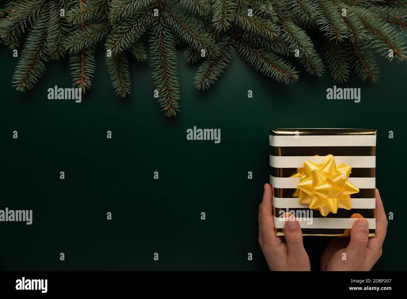 L'homme tient un cadeau de Noël magnifiquement emballé Banque D'Images