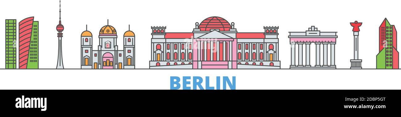 Allemagne, Berlin line City-cape, vecteur plat. Monument de la ville de voyage, illustration d'oultine, icônes du monde de ligne Illustration de Vecteur