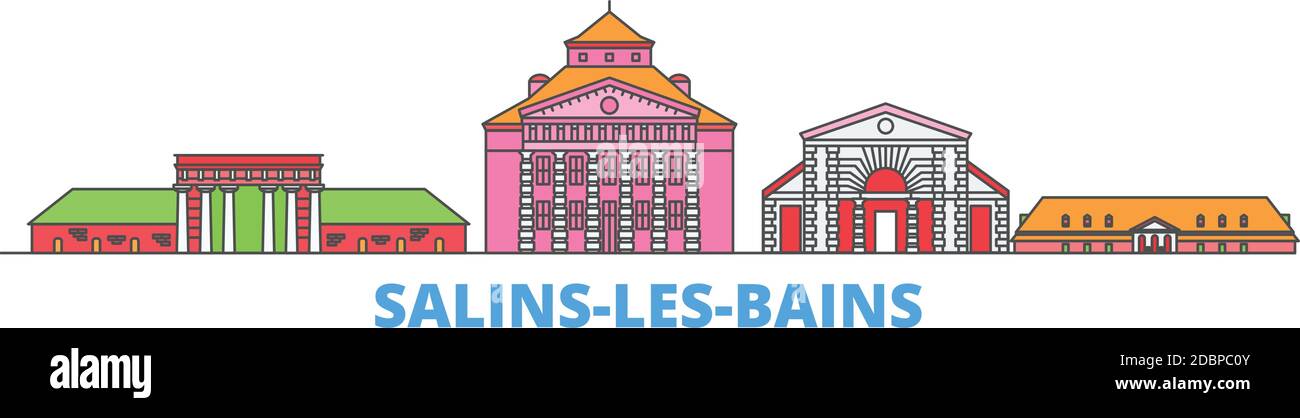 France, Salins les bains ligne paysage urbain, vecteur plat. Monument de la ville de voyage, illustration d'oultine, icônes du monde de ligne Illustration de Vecteur