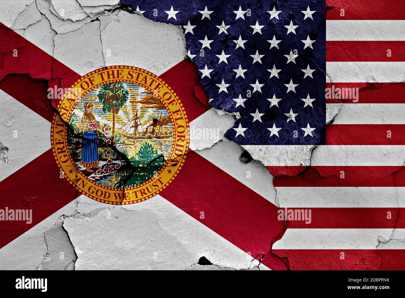 Drapeaux de la Floride et USA peint sur mur fissuré Banque D'Images