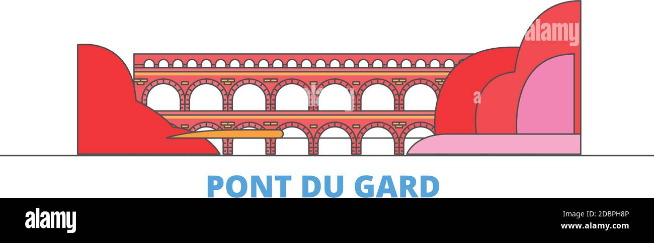 France, Pont du Gard ligne paysage urbain, vecteur plat. Monument de la ville de voyage, illustration d'oultine, icônes du monde de ligne Illustration de Vecteur