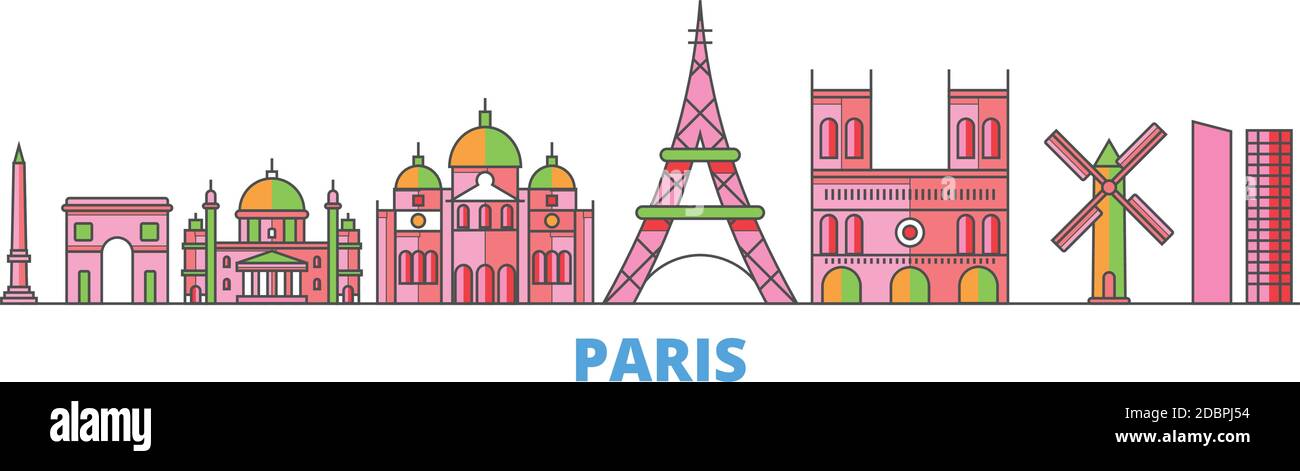 France, Paris City line City, vecteur plat. Monument de la ville de voyage, illustration d'oultine, icônes du monde de ligne Illustration de Vecteur