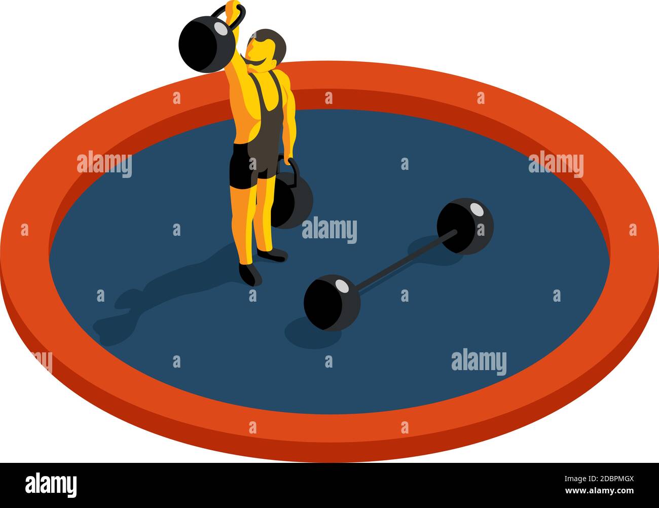 Poids de levage de l'homme fort. Vecteur isométrique 3d plat. Force musculaire, sport et barbell, artiste homme, haltérophilie athlète illustration Illustration de Vecteur