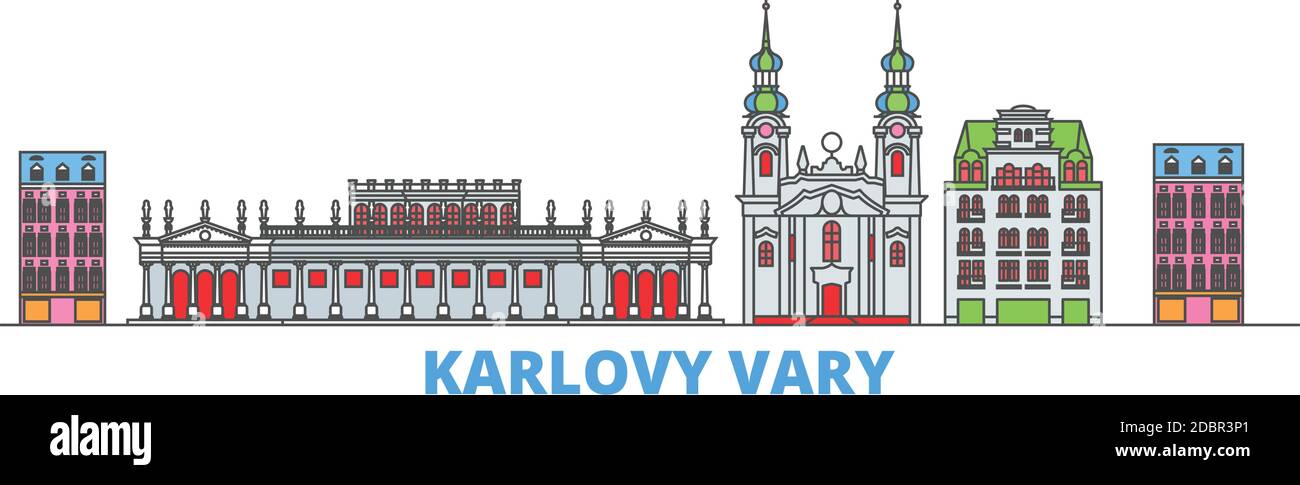 République tchèque, Karlovy Vary ligne paysage urbain, vecteur plat. Monument de la ville de voyage, illustration d'oultine, icônes du monde de ligne Illustration de Vecteur