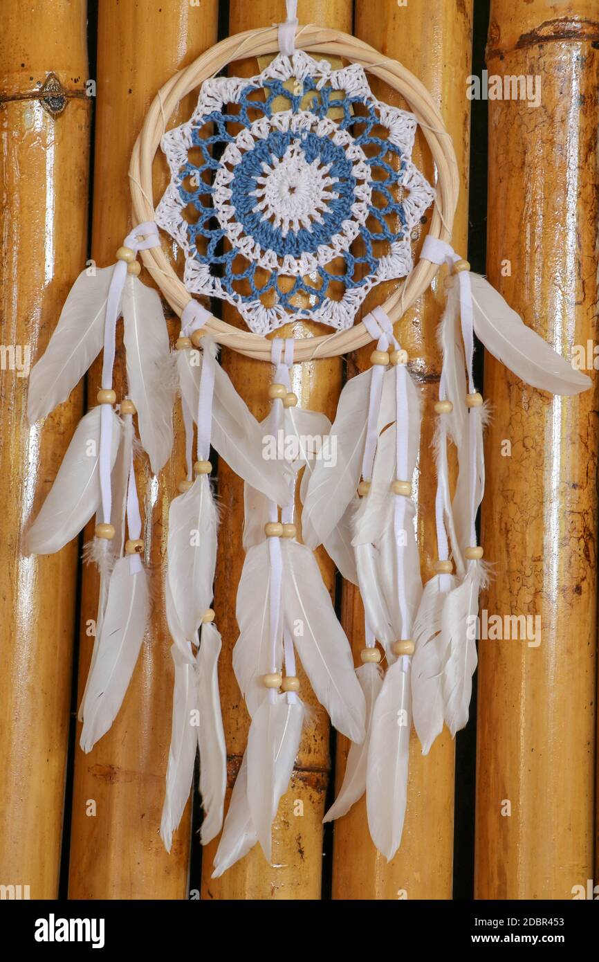 Dreamcatcher bleu avec des plumes et des perles isolées sur un fond de wodden. Banque D'Images