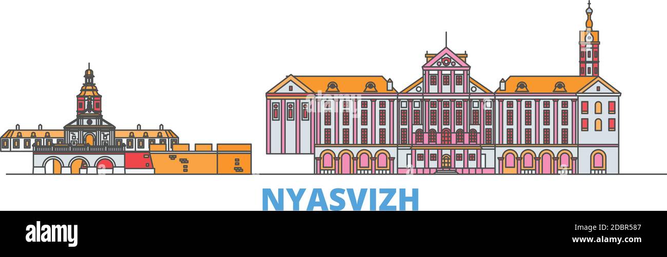 Biélorussie, Nyasvizh ligne paysage urbain, vecteur plat. Monument de la ville de voyage, illustration d'oultine, icônes du monde de ligne Illustration de Vecteur
