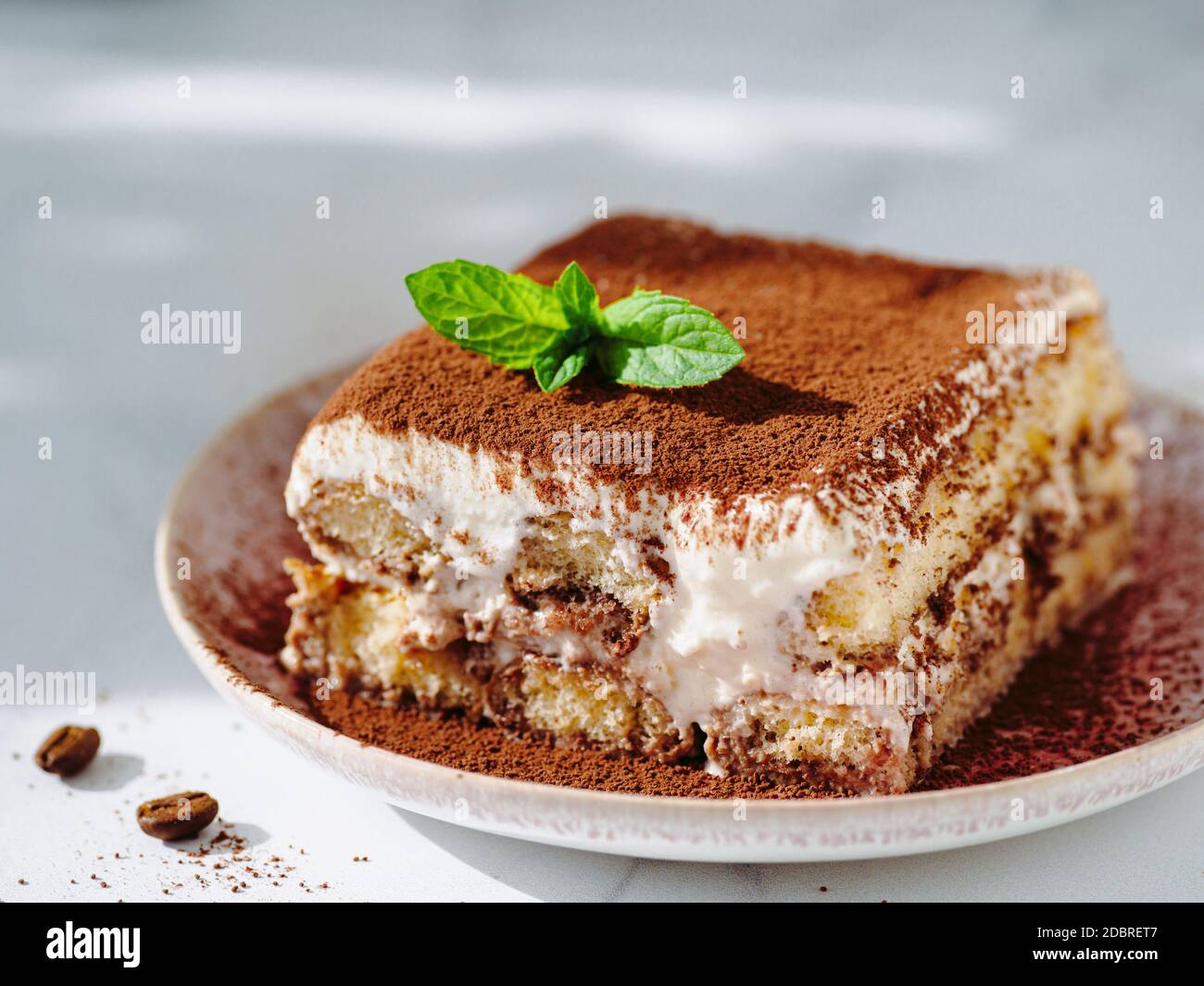 Parfait gâteau tiramisu maison à la menthe fraîche. Portion tiramisu sur plaque rose sur fond de marbre blanc. Délicieux tiramisu sans cuisson en journée naturelle Banque D'Images