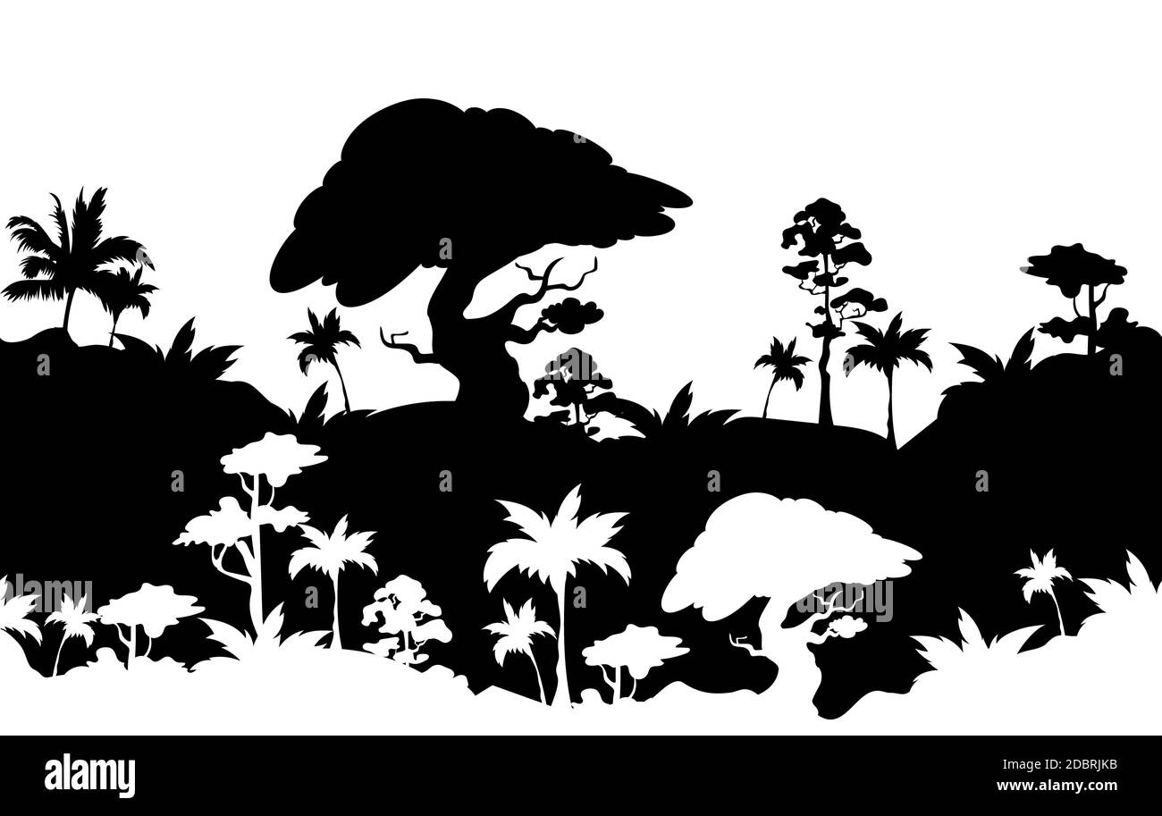 Jungle paysage silhouette noire bordure sans couture. Illustration vectorielle monochrome exotique africaine. Forêt tropicale dense arbres décoration décorative de Banque D'Images
