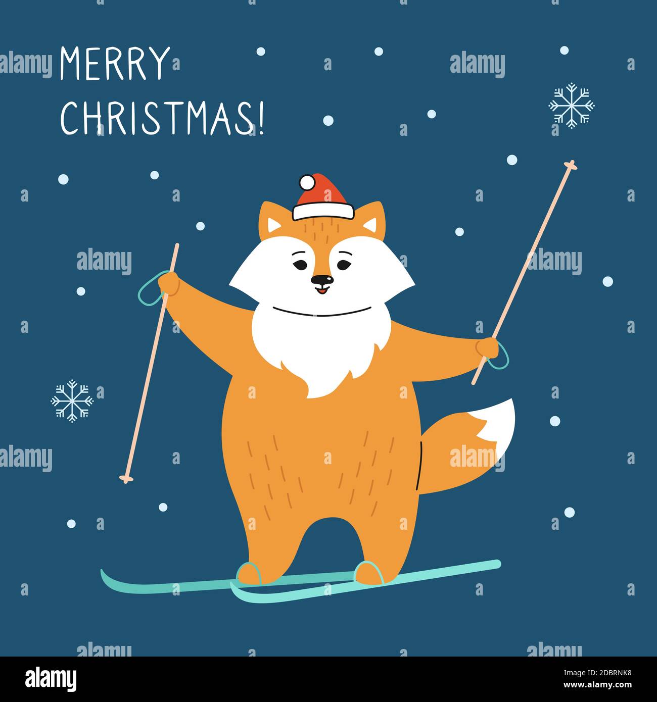 Carte de vœux de Noël, renard avec ski. Renard roux de nouvel an en chapeau de Père Noël. Personnage de noël humoristique dessiné à la main. Bonne année, Joyeux Noël. Vecteur animal Illustration de Vecteur