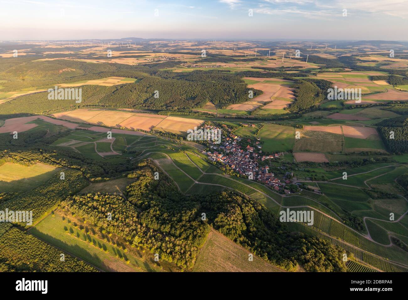 Vue aérienne dans un paysage en Allemagne, Rhénanie Palatinat près de Bad Sobernheim avec prairie, terres agricoles, forêt, collines, montagnes Banque D'Images