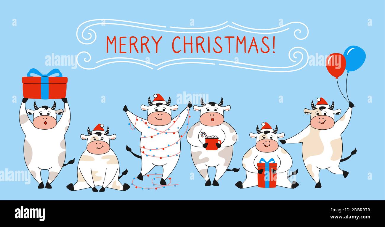 Carte de vœux de Noël, taureau de suite. Dessin animé de la vache, du buffle ou du veau, symbole du nouvel an. Joyeux Noël et Bonne Année. Vecteur de vacances de caractère animal dessiné à la main Illustration de Vecteur