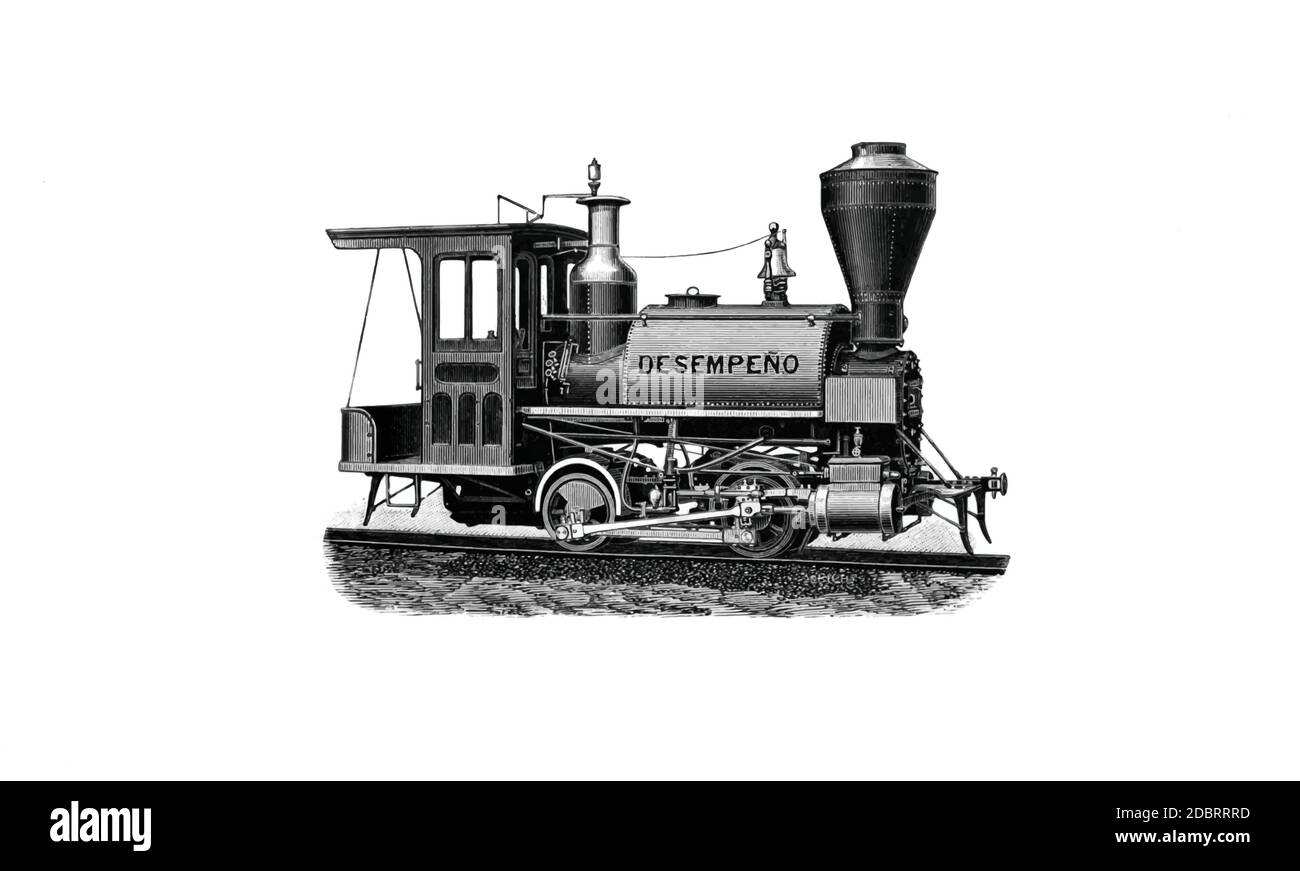 Gravure d'un catalogue de Rogers Locomotive Works, Paterson, NJ, après la guerre civile. Ce petit moteur de réservoir a été exporté vers l'Amérique latine et a donné TH Illustration de Vecteur