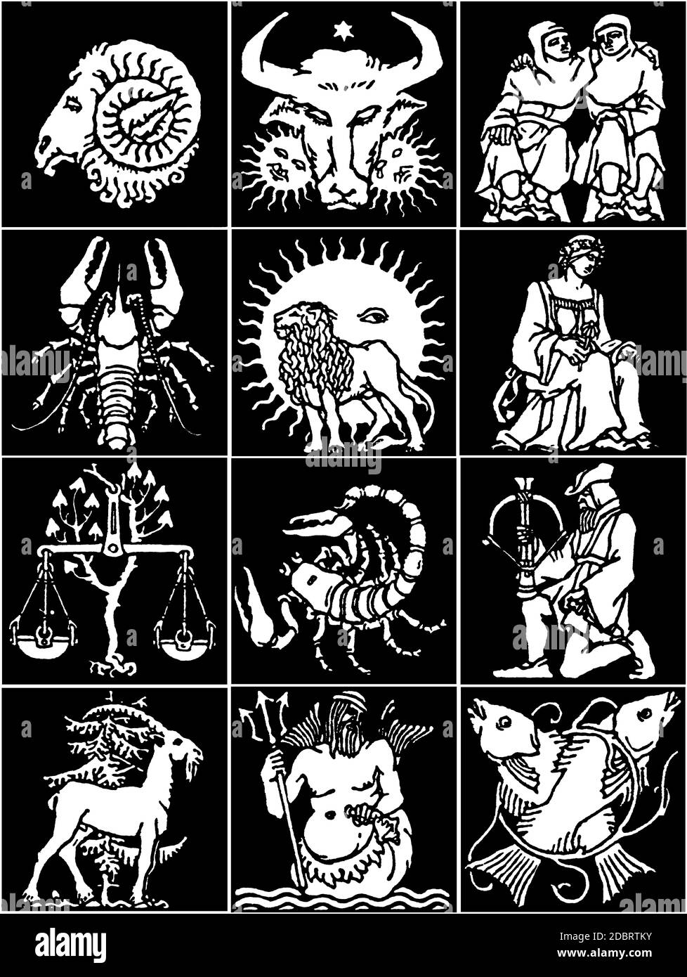 Zodiaque images, blanc sur noir Banque D'Images