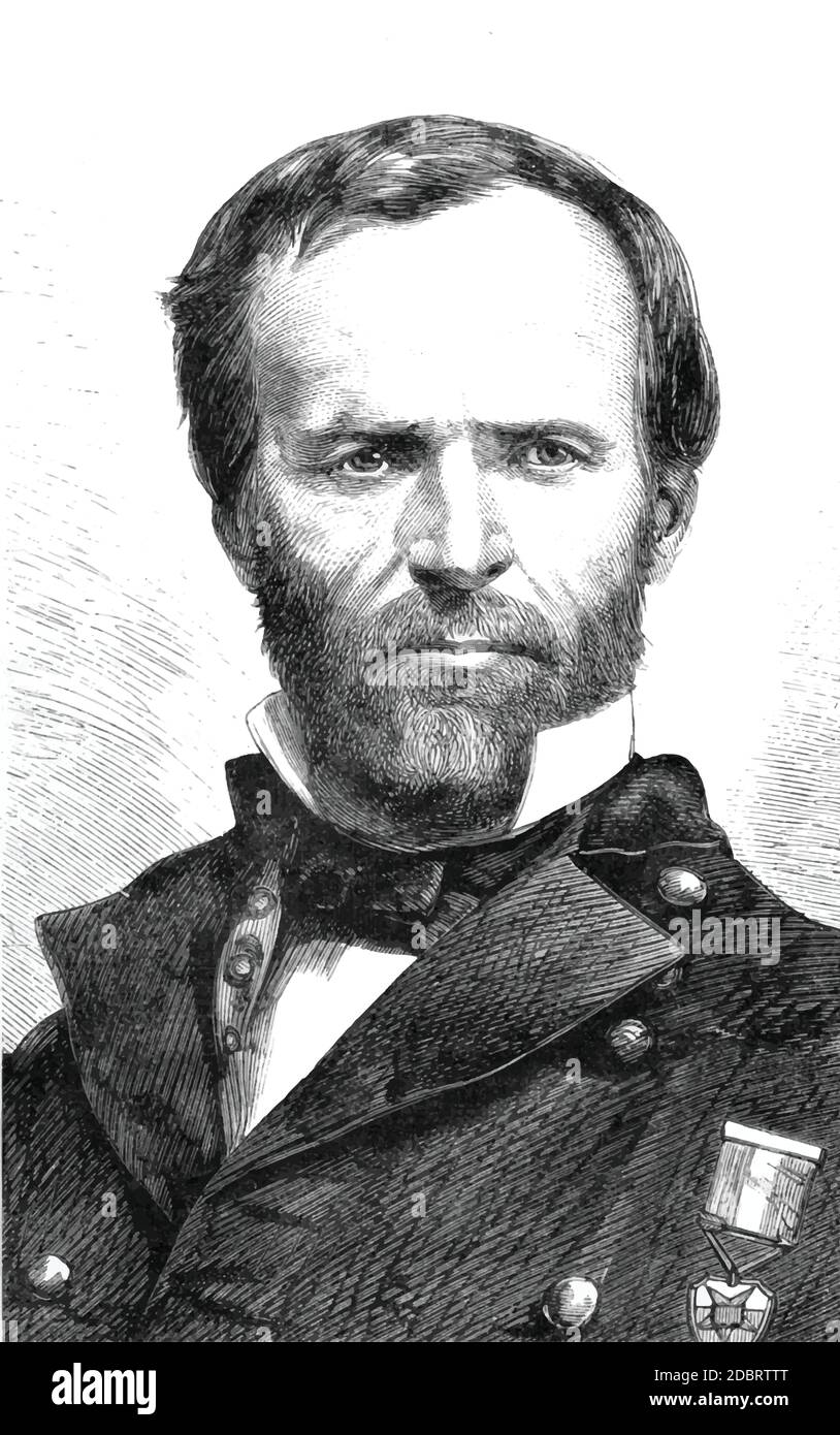 Gravure d'une photographie de guerre civile du général de l'Union William T. Sherman pendant la guerre civile. Après la guerre civile. Illustration de Vecteur