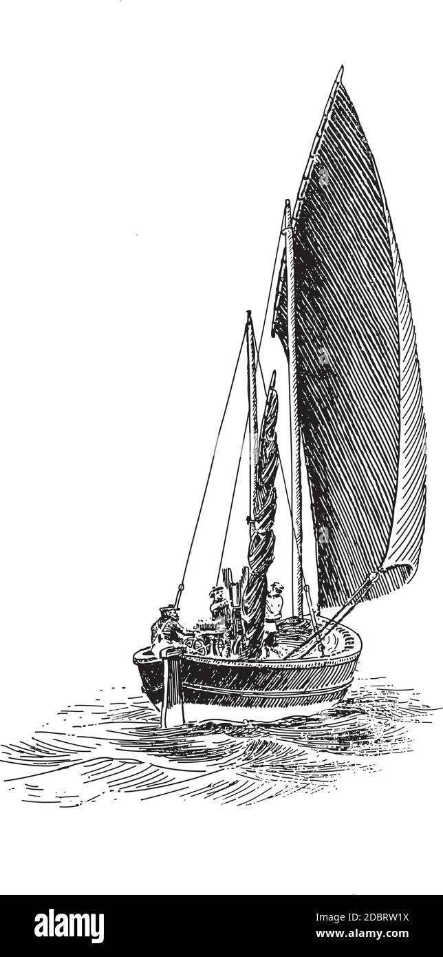 Gravure en ligne d'un petit bateau sous la voile en mer. Du livre Naughtical de la fin des années 1800. Illustration de Vecteur