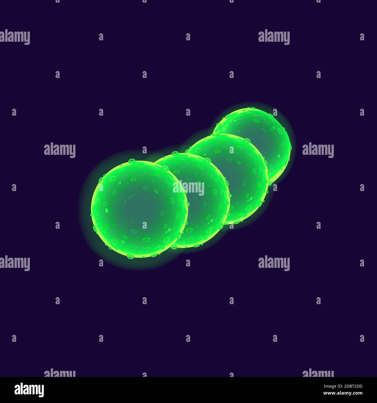 Illustration du vecteur réaliste des cellules bactériennes. Organisme pathogène. Chaîne Streptococcus. micro-organisme 3d isolé de couleur verte de forme ronde sous microsc Banque D'Images