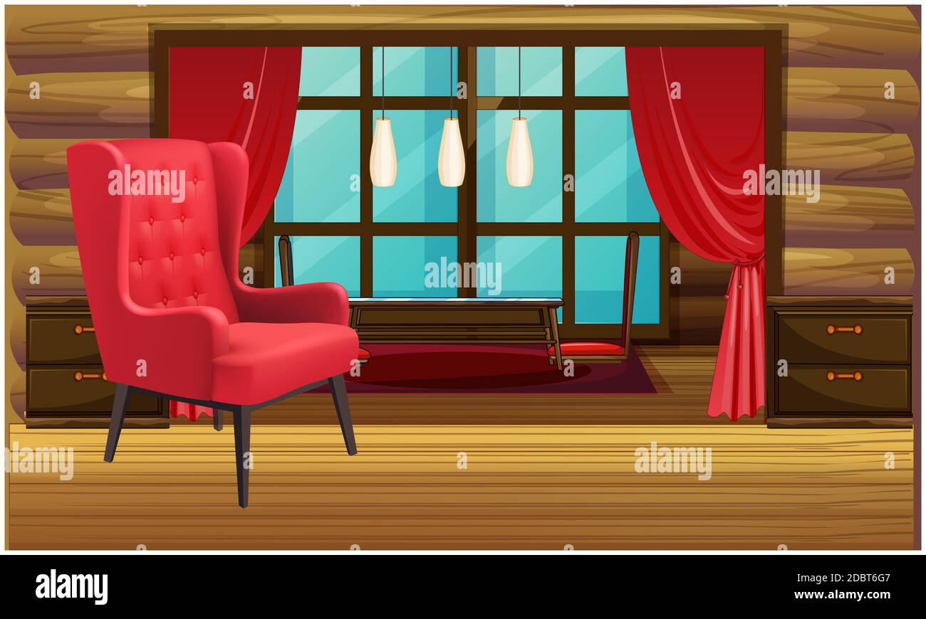 maquette d'une grande chaise rouge dans un salon en bois Banque D'Images