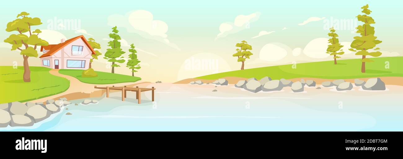 Maison isolée sur la rive plate de la rivière illustration vectorielle de couleur. Lever de soleil d'été dans village 2D paysage de dessin animé. Paysage de campagne au coucher du soleil. Écotourisme Banque D'Images