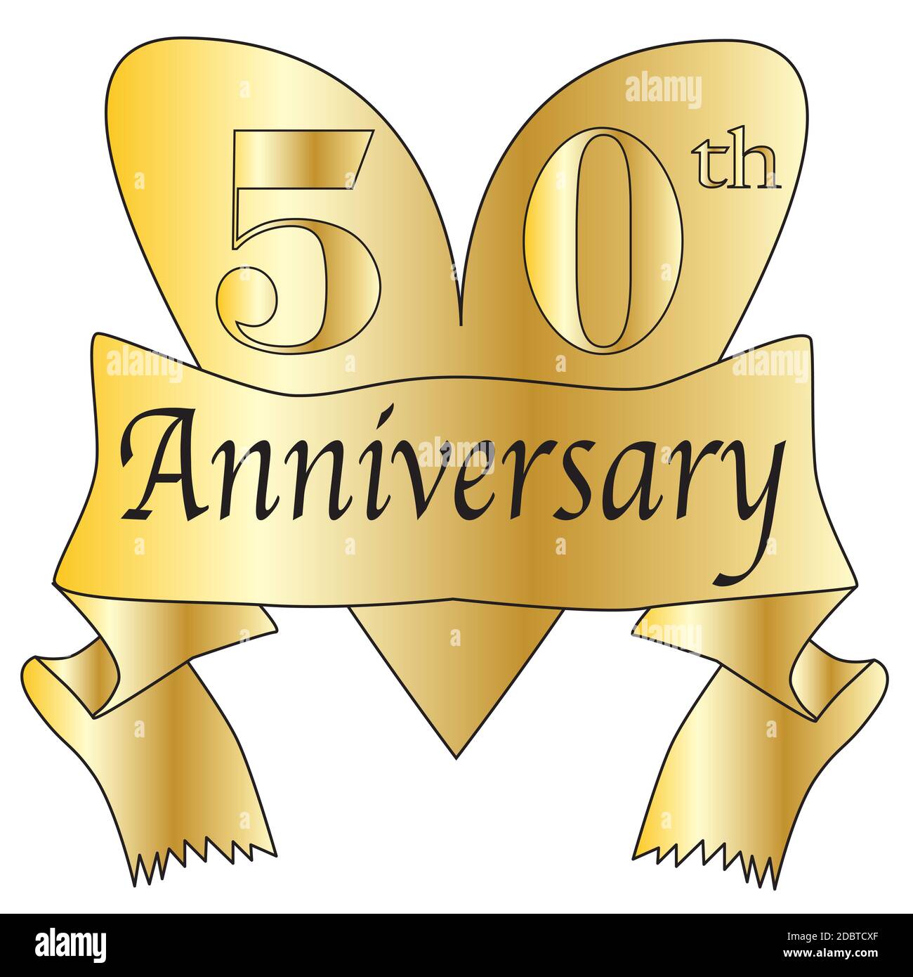 50e anniversaire coeur en or avec défilement de texte isolé sur fond blanc Banque D'Images