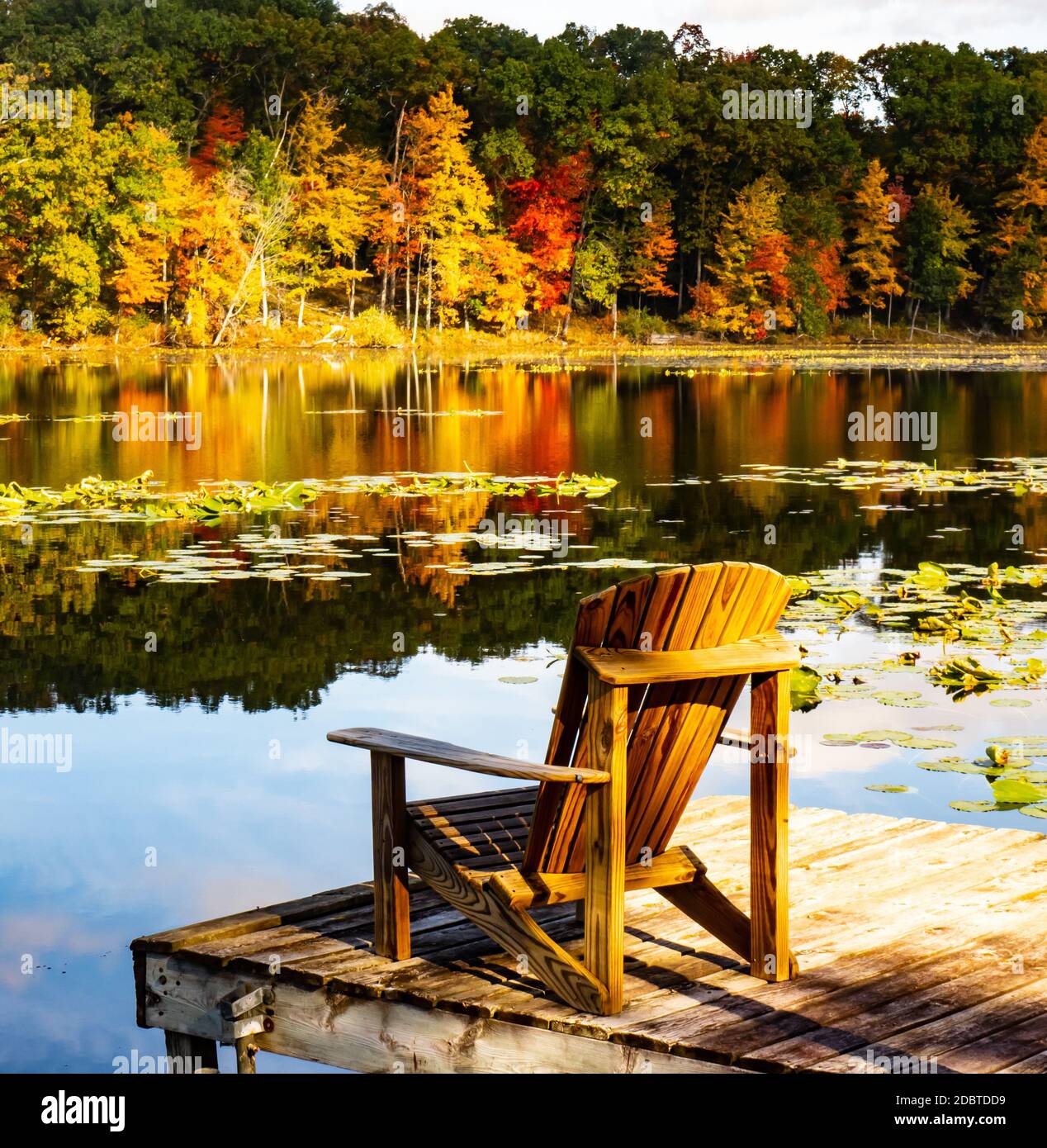 Une chaise Adirondack assise vide à l'extrémité d'un quai rustique de lac en bois avec fond d'automne coloré Banque D'Images