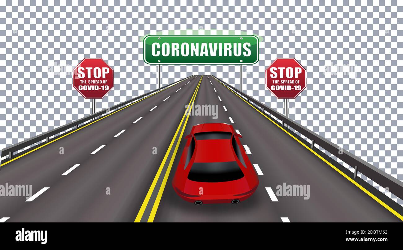 Coronavirus - attention, signalisation interdite. COVID-19 dangers et risques pour la santé publique. Pandémie. Illustration vectorielle Banque D'Images