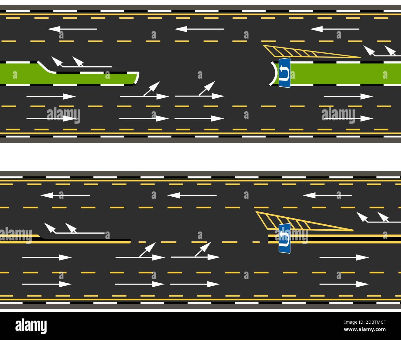 Vue de dessus de deux types de demi-tours sur l'autoroute, la route, la rue. Marquage de route. Illustration vectorielle Banque D'Images