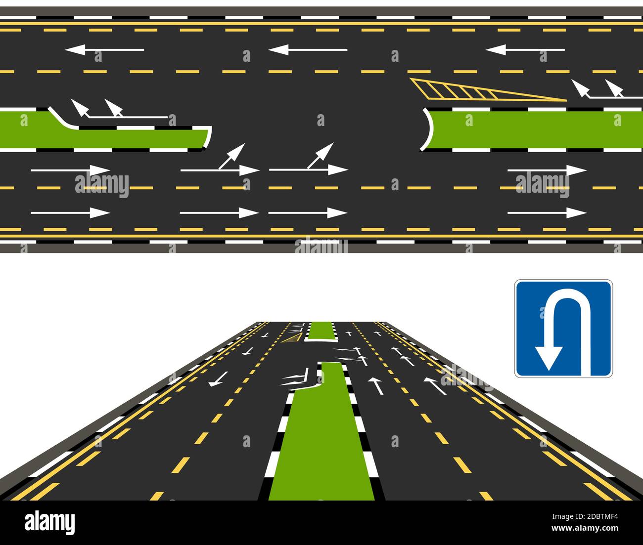 Vue de dessus et vue perspective d'une autoroute, une route demi-tour. Marquage de route. Illustration vectorielle Banque D'Images