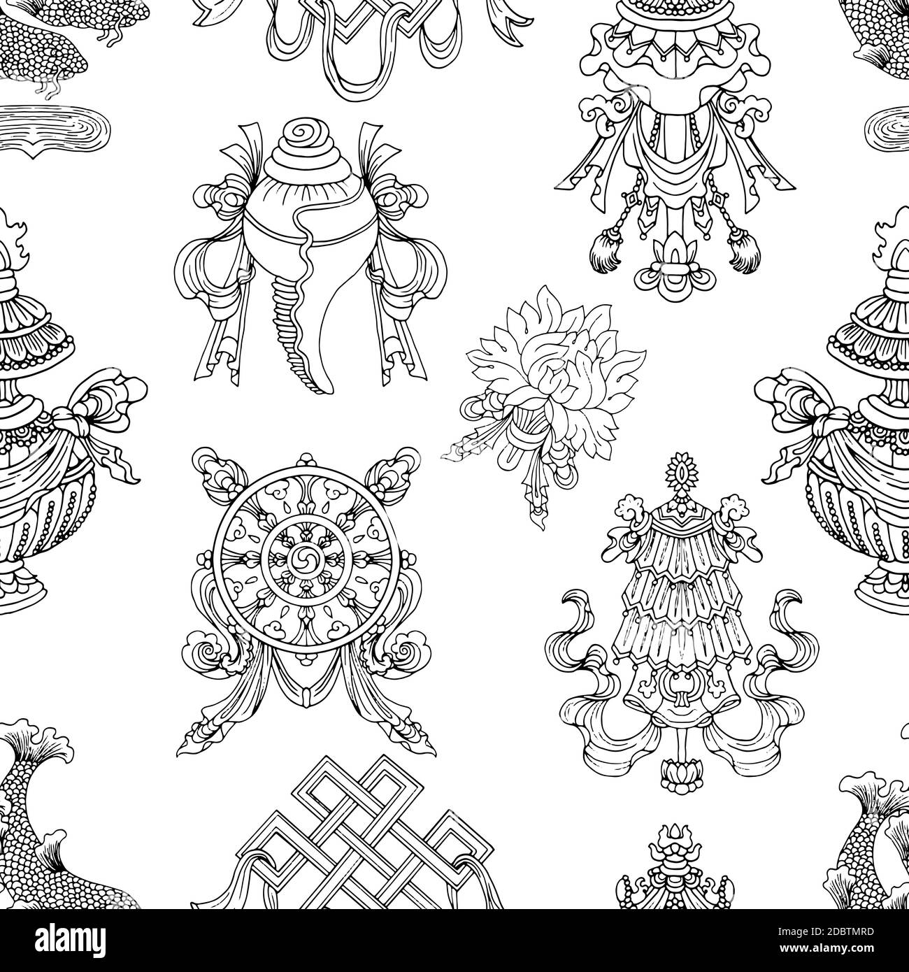 Modèle sans couture avec noir et blanc huit symboles du bouddhisme. Illustration vectorielle religieuse dessinée à la main, arrière-plan bouddhiste Illustration de Vecteur